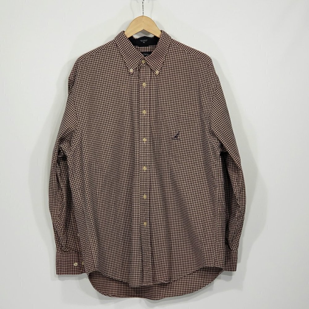 Nautica  Burgundy & Blue Check  Button Down Shirt  Men's Size XL